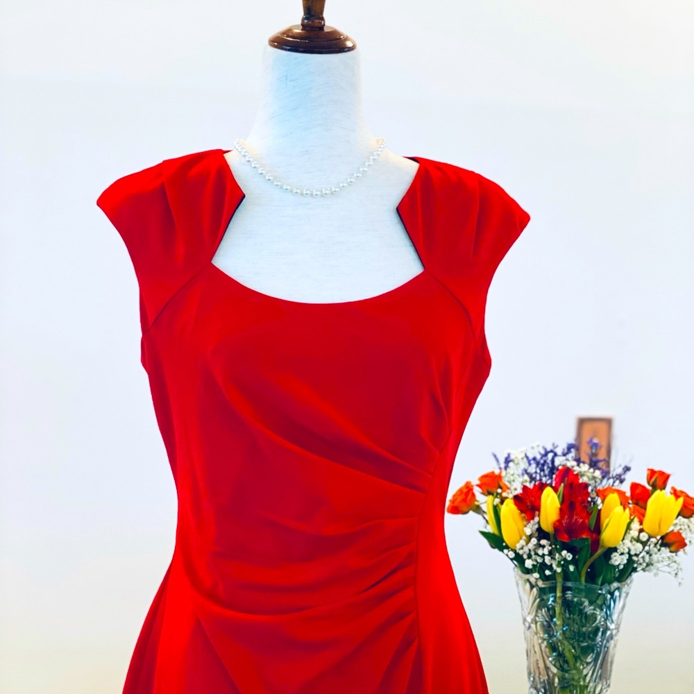 🌹Calvin Klein Cap-sleeve Ruched Cocktail Dress, Size 8, Red